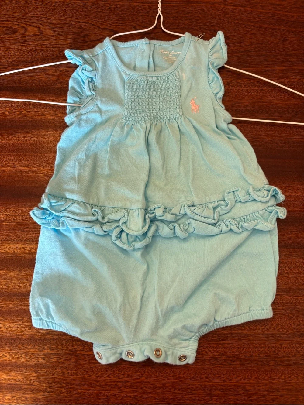 Ralph Lauren Light Blue Ruffle Baby Romper Bubble with Pink Pony